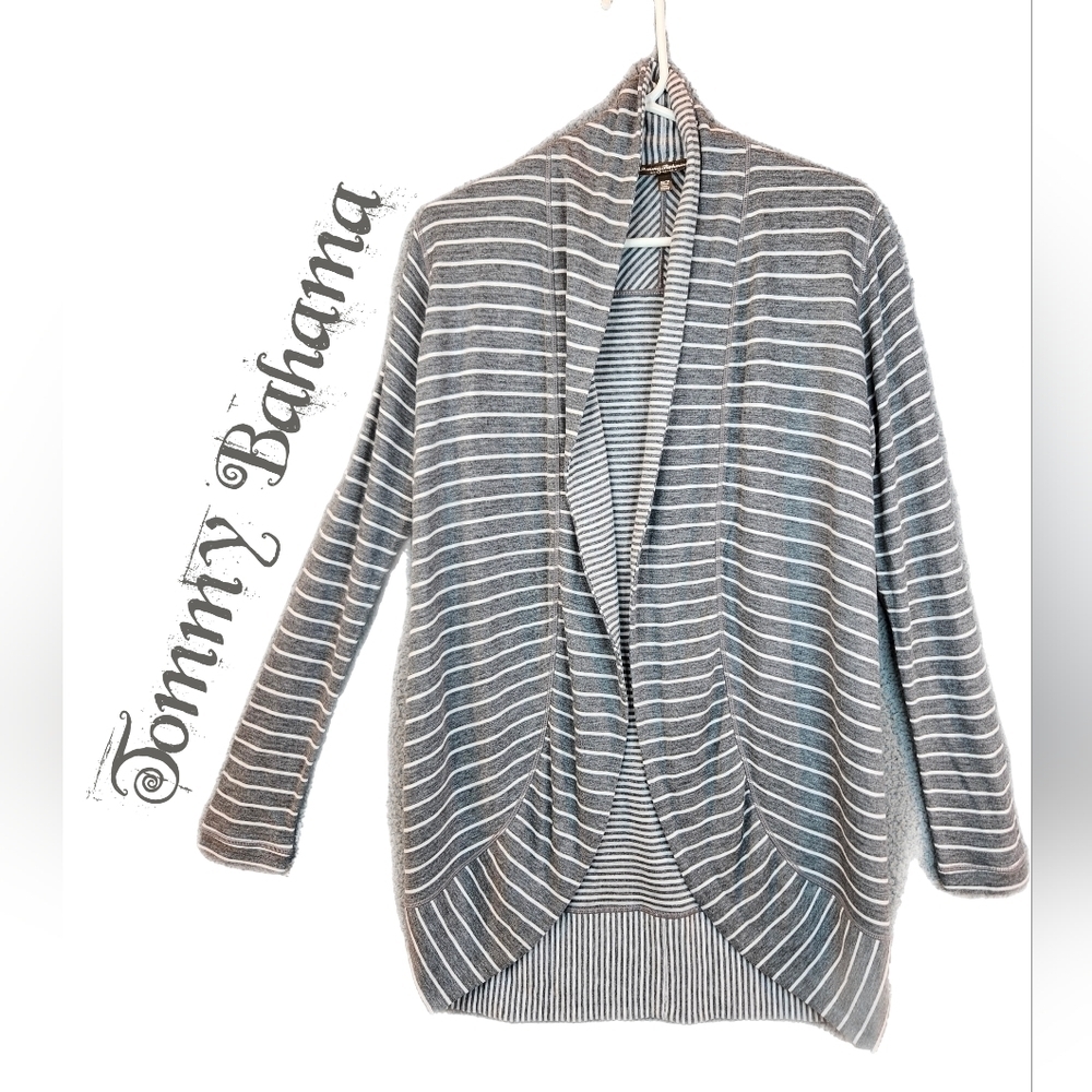 Tommy Bahama Womens Gray-White Striped Reversible Long Line Open Cardigan sz XS